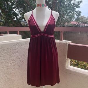Express Halter Mini Dress – Burgundy Boho with Pink Embroidery